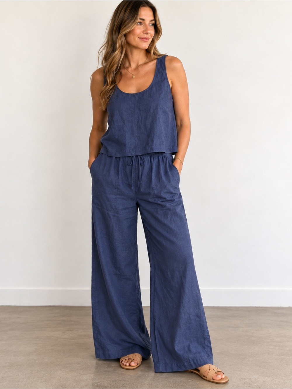 Reformation Lenora Linen Two Piece Set Muted Navy M NWT